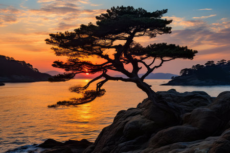 a lone pine tree on a rocky shore at sunsetの素材