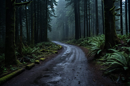 a dark road in the middle of a forestの素材