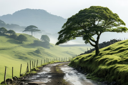 a dirt road runs through a green valley with a lone treeの素材