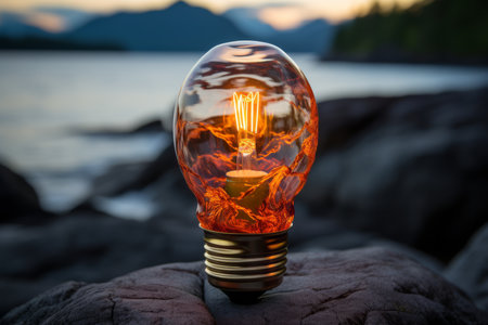 a light bulb is sitting on a rock in front of a body of waterの素材