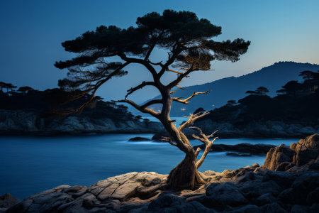 a lone pine tree on a rocky shoreline at duskの素材