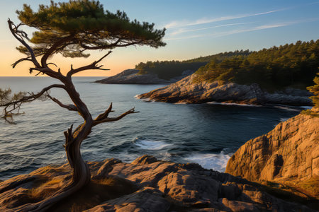 a lone pine tree on a rocky cliff overlooking the ocean at sunsetの素材