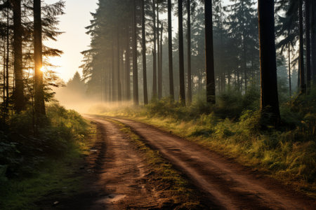 a dirt road in the middle of a forest at sunriseの素材