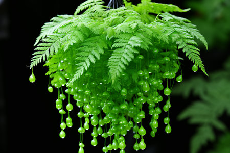 a hanging green fern plant with drops of waterの素材