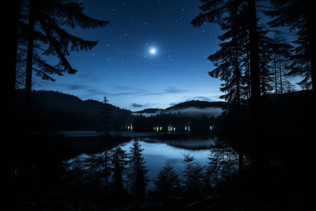 a lake and trees at night with a star in the skyの素材