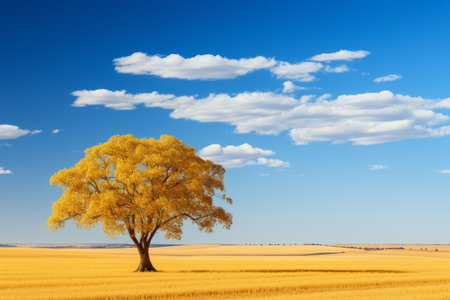a lone tree in a field under a blue skyの素材
