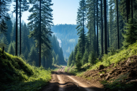 a dirt road in the middle of a pine forestの素材