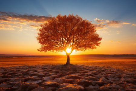 a lone tree in the middle of a field at sunsetの素材