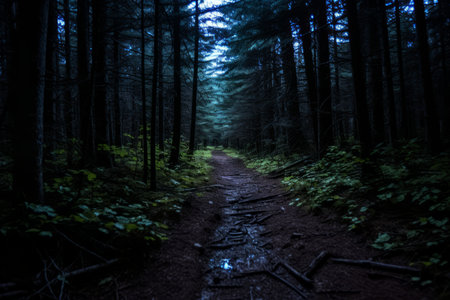 a dark path in the woods at nightの素材
