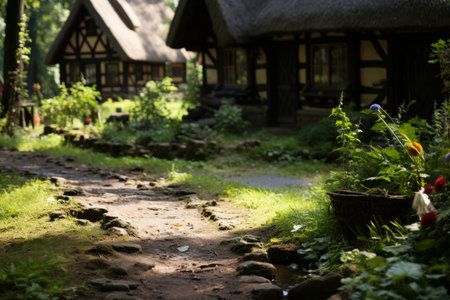 a dirt path in front of a thatched roofed houseの素材