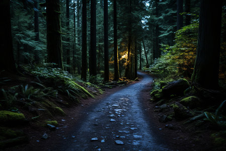 a dark road in the middle of a forest at nightの素材
