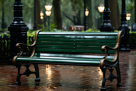 a green bench sitting in the rain on a sidewalkの素材
