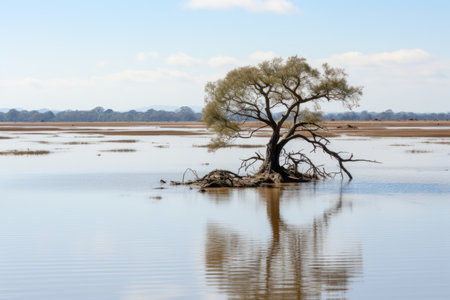 a lone tree in the middle of a body of waterの素材