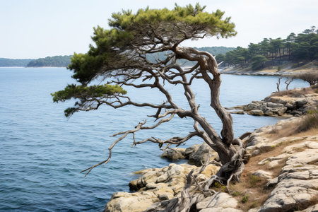 a lone pine tree on the edge of a rocky cliff overlooking the oceanの素材