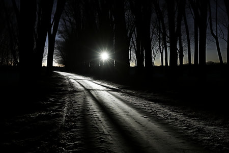 a dark road in the middle of a snowy field at nightの素材