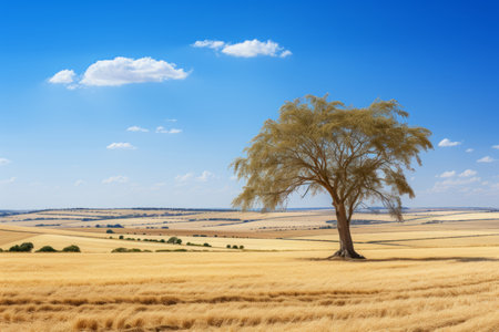 a lone tree in a field with a blue sky in the backgroundの素材