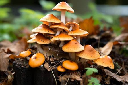 a group of orange mushrooms on top of a stumpの素材