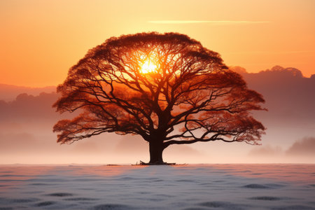 a lone tree in the middle of a snowy field at sunriseの素材
