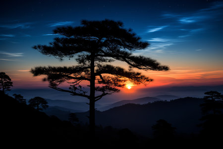 a lone pine tree in the mountains at sunsetの素材