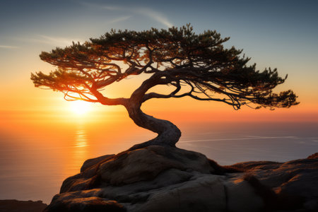a lone tree on top of a cliff at sunsetの素材