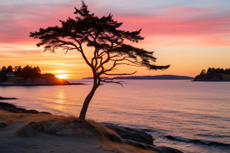 a lone tree on the shore of the ocean at sunsetの素材