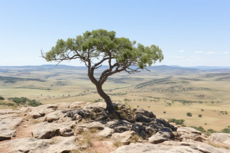 a lone tree on a rocky hillの素材