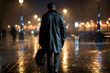 a man walking in the rain at night with a briefcaseの素材