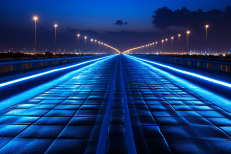 a long bridge with lights on it at nightの素材