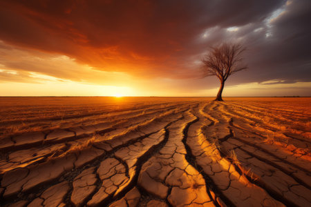 a lone tree stands in the middle of a dry field at sunsetの素材