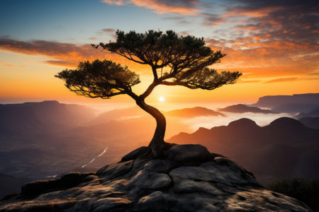a lone tree on top of a mountain at sunsetの素材