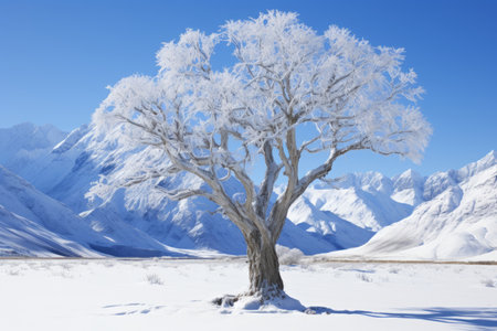 a lone tree stands in the middle of a snowy fieldの素材