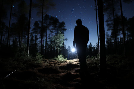 a man standing in the middle of a forest at nightの素材