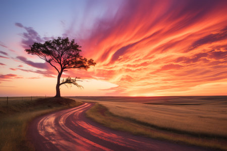 a lone tree stands in the middle of a road at sunsetの素材
