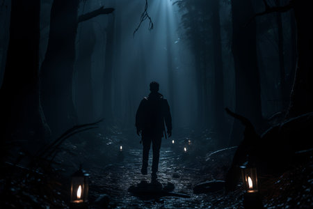 a man is walking through a dark forest at nightの素材