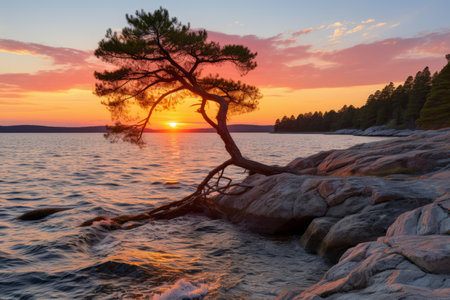 a lone tree on the shore of a body of water at sunsetの素材