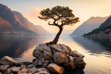 a lone tree on a rock in the middle of a lake with mountains in the backgroundの素材