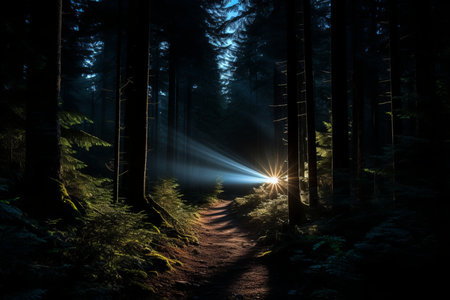 a path in the dark forest with a beam of light shining through the treesの素材