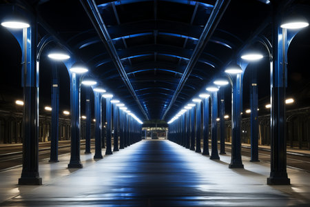 a long walkway with lights on it at nightの素材
