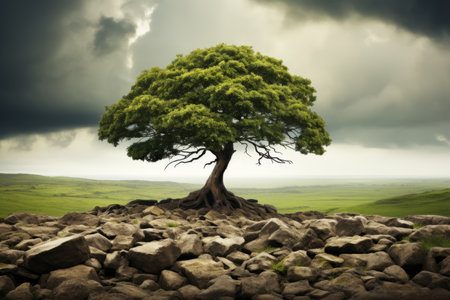 a lone tree stands on top of a rocky hill in front of a stormy skyの素材