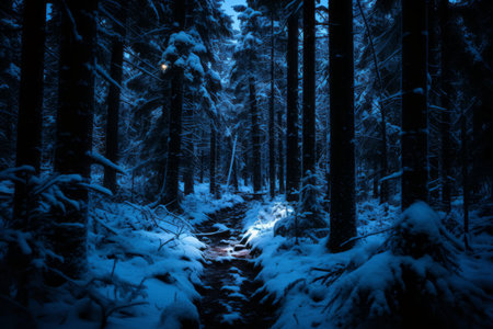 a path through a snowy forest at nightの素材