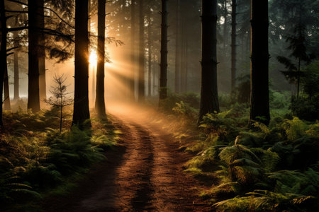 a path through a forest with sunlight shining through the treesの素材