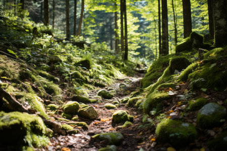 a path through a forest with mossy rocksの素材