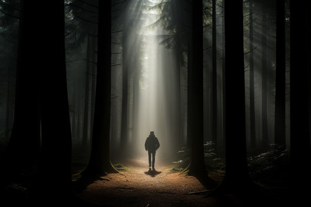 a person standing in the middle of a dark forestの素材
