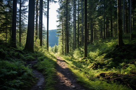 a path through a forest in the middle of the dayの素材