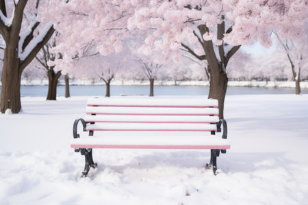a pink bench sitting in the snow next to a tree covered in pink blossomsの素材