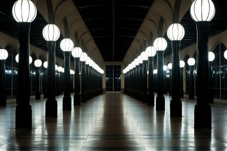 a long hallway with many light bulbs in itの素材