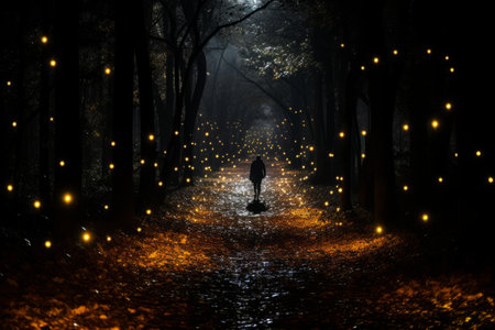 a person walking through a dark forest at night with firefliesの素材