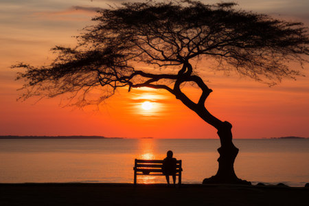 a person sitting on a bench under a tree at sunsetの素材