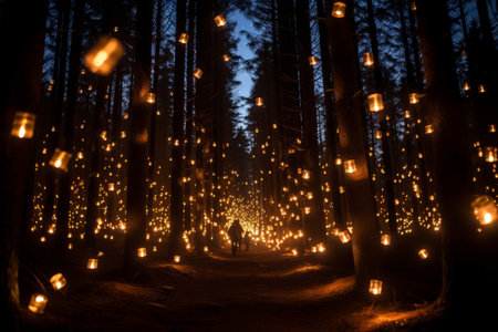 a person walking through a forest filled with lanternsの素材