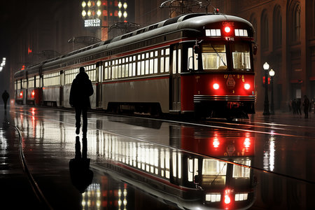 a person is walking on the street in front of a trainの素材